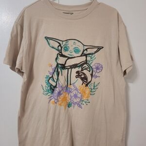 Star Wars Beige Tee with Baby Yoda and Floral Design. Embroidered